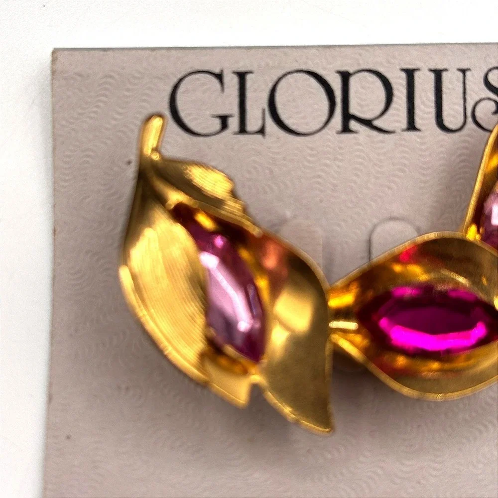Glorius Vtg 60s Gold Tone Pink Marquis Rhinestone‎ Leaf Brooch Costume Jewelry